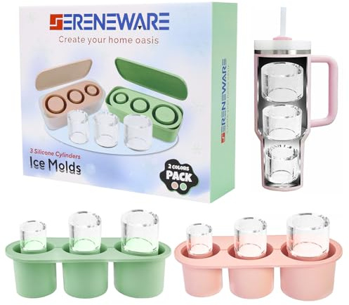 SERENEWARE Ice Cube Trays with Lids Silicone Ice Cube Molds for Stanley 20oz 30oz 40oz Tumbler - 2 Color Pack (Pink and Green)