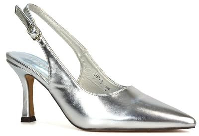 Women's Court Shoes Slingback Ladies Spointed Toe Evening Party Classic Stiletto High Heel Silver Metallic Closed Toe Pumps Size 7