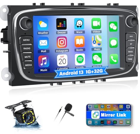 CAMECHO Android 13 1G+32G Autoradio per Ford Focus Mondeo Galaxy Kuga C-MAX S-MAX, 7 Pollici Touchscreen Stereo con Mirror Link Auto/Wi-Fi/Bluetooth/1080P+AHD Retrocamera+MIC