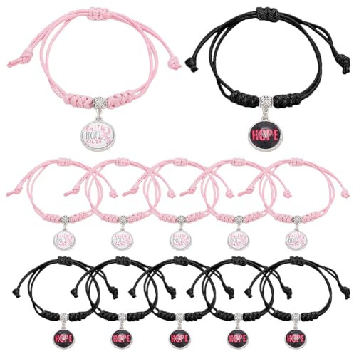 NBEADS 12 Pcs Bracelet de Sensibilisation au Cancer du Sein, Bracelets Tressés Ruban Rose Bracelet Cordon Réglable avec Mot HOPE Octobre Rose Bracelets pour Sensibilisation au Cancer du Sein Cadeaux
