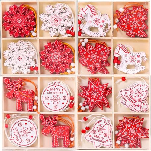 48 Stück Anhänger Weihnachten Holz, 8 Muster Weihnachtsbaumschmuck Anhänger mit Seil Enthält, Weihnachtendeko Anhänger mit Snowflake Elk Glocke für Christbaumschmuck, Christmas Decorations