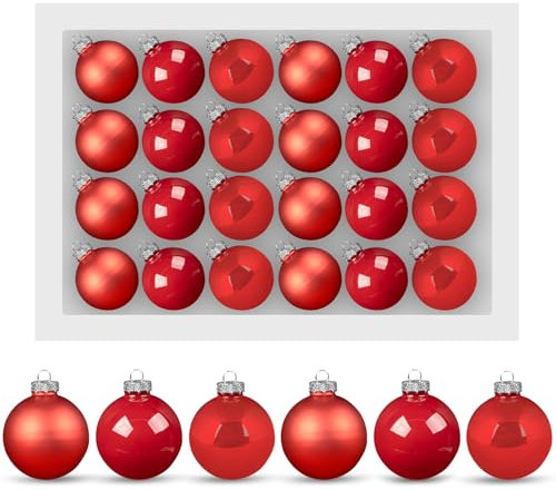 Truevaste 24 Stück Weihnachtskugeln Glas Rot, 6cm Christbaumkugeln in Hochglanz,Perlglanz,Matt,Klassische Weihnachtsbaumkugeln für Christbaumschmuck,Fensterdekoration & Festliche Raumgestaltung