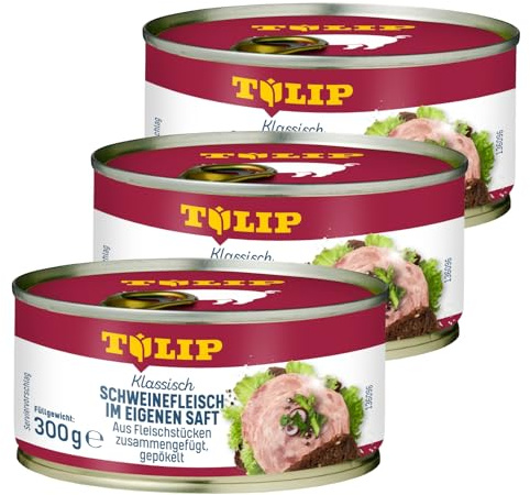 TULIP 3x 300 g Schweinefleisch im eigenen Saft | Fleisch Schwein 94% | Frühstücksfleisch in der Konserve | Ideal als Belag oder zum Anbraten | Konservenfleisch