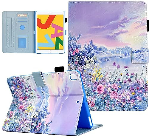 AUSMIX Hülle für iPad 9./8./7. Generation 10,2 Zoll 2021 2020 2019 Schutzhülle Smart Case Cover, PU Lederhülle mit Auto Wake Sleep für iPad 10.2/iPad Pro 10.5/ iPad Air 3,Purple Flower