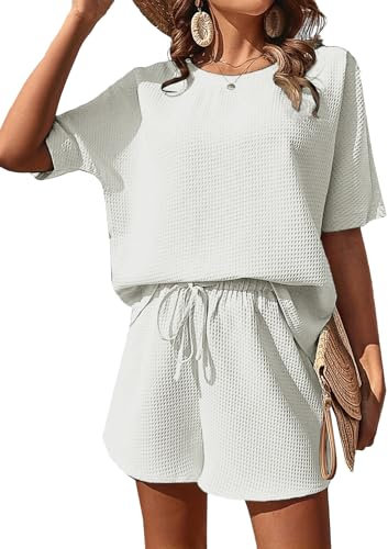 JFAN Conjuntos Chándal Mujer Verano Dos Piezas Conjunto Pantalones Cortos y Cuello Redondo Top Mujer Pantalones cortos con Cordón Ajustable para vacaciones en la playa,Blanco,S