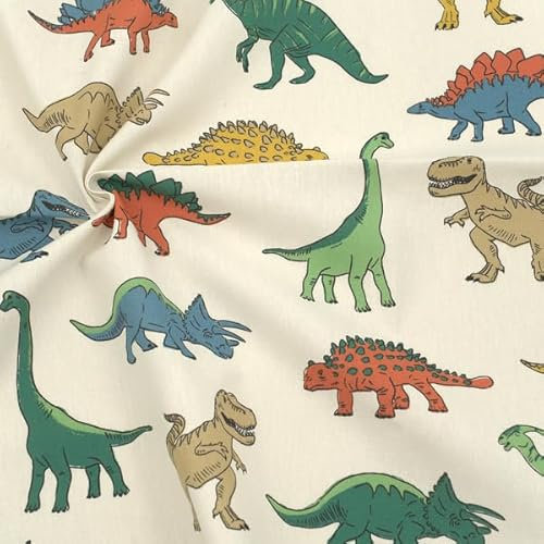 STOFFKONTOR Dekostoff Stoff Bunte Dinos - Öko-Tex Standard 100 - Meterware, Farbe Creme-Weiss - zum Nähen von Vorhängen, Tischdecken, Dekoration uvm.