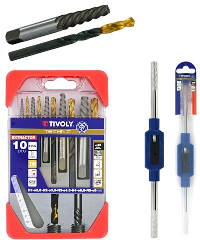 TIVOLY - Coffret 5 Forets HSS TiN + 5 Extracteurs Vis Cassées + Tourne-à-Gauche N°2 de M4 à M12, Outils de Dévissage et Taraudage, Acier HSS & Zamac, Pour Réparation et Entretien