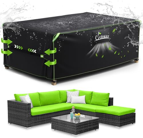 UIRWAY Outdoor Garden Furniture Cover Waterproof 200x160x74cm, Heavy Duty 420D Patio Table Cover with Air Vents, Windproof Straps & Reflective Strips for Sofa Sets