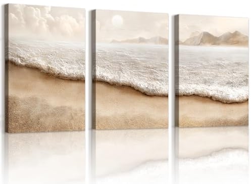 WENGTIAO 3 Stück Boho Strand Küsten Leinwand Bilder Kunstdrucke Gerahmt | Minimalistisch Abstrakt Meereswellen Wandbilder für Modern Wanddeko Wohnzimmer Schlafzimmer 30x40cmx3