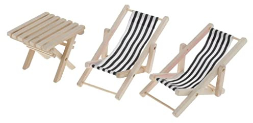 MotiveTech 1:6 Miniatur Puppenhaus, Faltbarer Strandtisch Aus Holz Und Gestreifte Chaiselongue (3 Stück) – Puppenhaus Gartenmöbel für 12 Zoll BJD Puppen, Schwarz