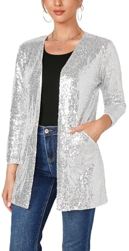 YYPBI Damen Pailetten Jacke Glitzer Blazer Elegant Offene Vorne Langarm Pailetten Cardigan Festliche Strickjacke Party Club