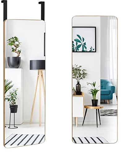 COSTWAY Over The Door Mirror, Bamboo Frame Hanging Vanity Full Length Mirror with 2 Hooks and Round Corners, 100x35cm Rectangle Door Hung/Wall Mounted Mirrors for Bathroom, Bedroom, Wardrobe