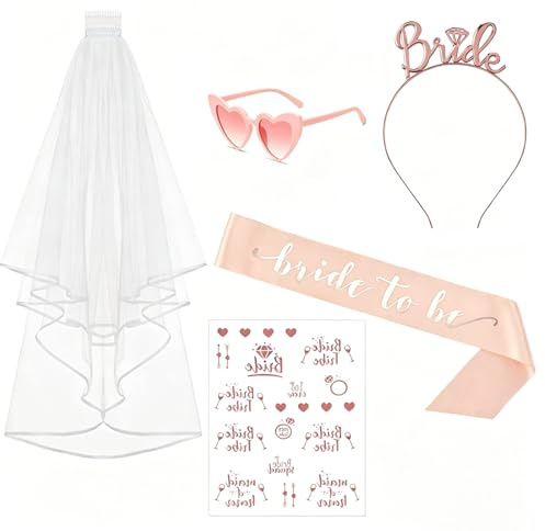 Catelves JGA Accessoires Frauen Set - Bride to Be Schärpe, Weißer Schleier, Rosegold Haarreif & Herz Sonnenbrille - Junggesellenabschied Frauen Deko & Hochzeit Fotorequisiten