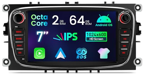 XTRONS Android Autoradio für Ford Focus II, 7-Zoll Autoradio mit Navi, Unterstützt GPS-Navigation Bluetooth Integrierter DSP WLAN CarPlay Android Auto Octa Core 2+64GB