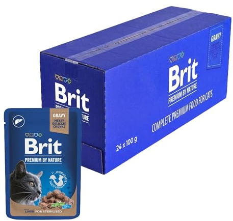 Brit Sachets de Nourriture Humide de qualité supérieure pour Chats stérilisés, goût Foie en Sauce, sans Sucre ajouté, 24 x 100 g