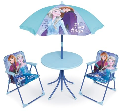 Set Giardino Bambini Frozen Disney con 2 Sedie Tavolino e Ombrellone Tavolo Mare Pieghevole con Elsa Anna Olaf Sedie 35x38x52 cm Portata 30 kg Età 3+