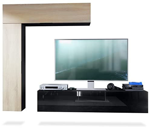 Vladon Wohnwand Taurito, Made in Germany, Schwarz matt/Eiche sägerau - Moderne Anbauwand für Ihr Wohnzimmer (320 x 182 x 39 cm)