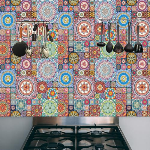 FLFK Middle East Arabic Ceramic Tile Pattern Stair Risers Stickers, Peel and Stick Tile Stickers for Kitchen Backsplash Wall Decals 18x100cmx6pcs