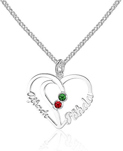 Bo&Pao Namenskette Herz 925 Sterling Silber mit Zwei Wunschname und Geburtsstein, individuelle Silber/Rosegold/Gold Kette mit Namen Herzanhänger