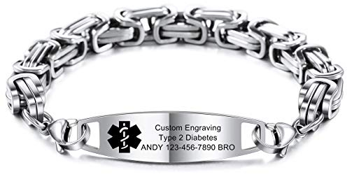 MOWOM Medical Warnen Armband Brauch Graviert Allergie Leben Identifizierung Name ID zum Männer Frauen Rostfreier Stahl Link Kette (Stil04 - Silber Farbe Einfach Etikett & Silber Farbe Königskette)