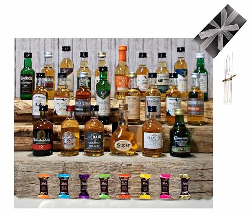 H-BO Whisky Genießerset mit 24 Premium Whisky Miniaturen (je 50ml) aus Schottland, Irland & Japan - 24 Rausch Edelschokoladen - Edles Tasting Set im Geschenkkarton für Männer & Genießer
