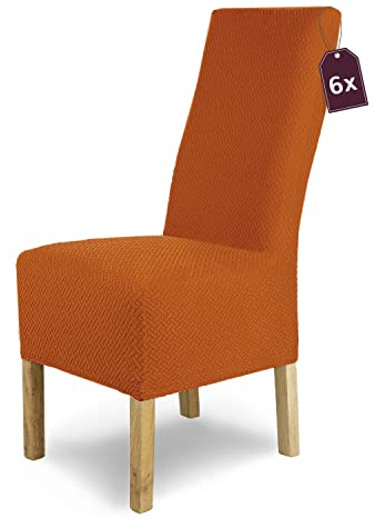 SCHEFFLER-Home Stuhlhussen Stretch Luna-Lang/Stuhlüberzug 6er Set Orange-Terra/elastische Flanell Stuhlabdeckungen/Stuhlhussen Schwingstühle/Spann-Bezug Stuhl Überwurf als eleganter Schonbezug