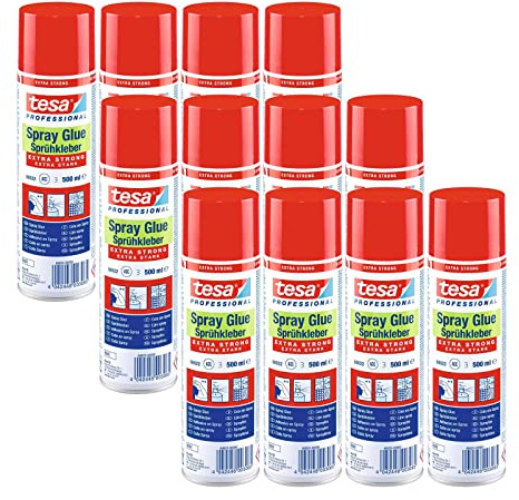 tesa Sprühkleber extra stark - Allzweck-Klebstoff zum dauerhaften und besonders festen Verkleben schwerer Materialien - für raue und unebene Untergründe - 500 ml - 12 Stück