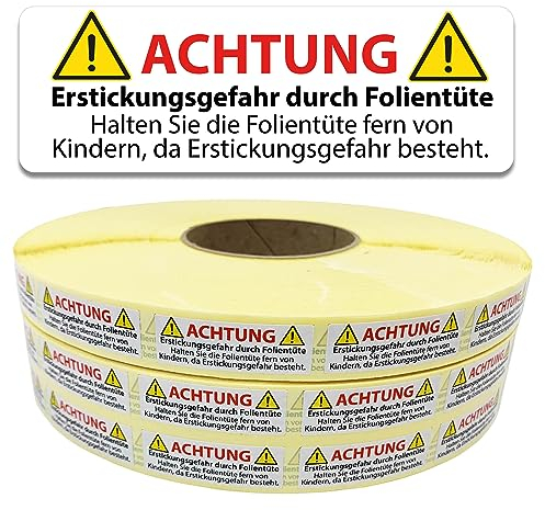 Erstickung Aufkleber Warnhinweis - Achtung Erstickungsgefahr durch Folientüten - selbstklebend auf Rolle Kleinteile Warnaufkleber Etiketten Vorsicht Warnung Plastikbeutel 1.000 Stk.