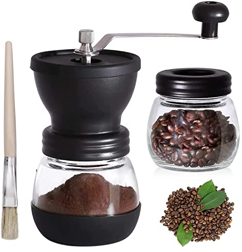 Manual Coffee Bean Grinder, Adjustable Coarseness Ceramic Mill Grinder, Handheld Coffee Grinder Machine for Bean Spices with Brush & Transparent Storage Jar Portable Coffee Grinders for Home Office