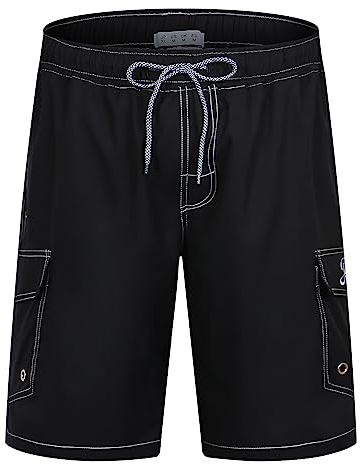APTRO Herren Badehose Lang Schnelltrocknend Boardshorts Sommer Badeshorts Urlaub Freizeit Short mit Innenhose Cargo Schwarz MK129 L