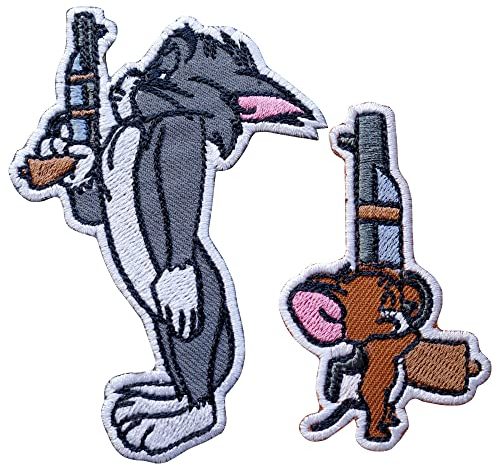 Octory Gestickte Aufnäher zum Aufbügeln auf Kleidung, Motiv: Tom und Jerry mit Pistolen, für Jeans, Hüte, Taschen, 2 Stück