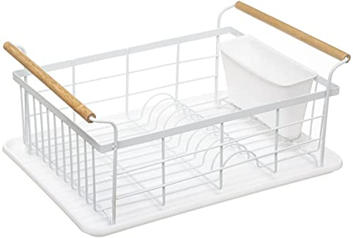 TIENDA EURASIA - Escurridor de Platos con Soporte para Cubiertos, Escurreplatos de Acero con Asas de Madera y Bandeja de Plastico, Diseño y Colores Originales (Blanco)