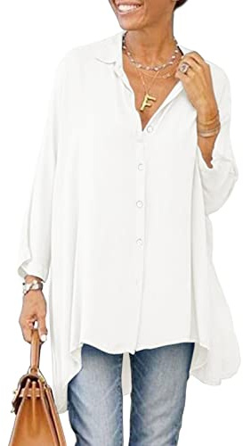 Aoysky Womens Oversized T Shirts Button Down Long Sleeve Shirt V Neck Collar Loose Flowy Blouse White