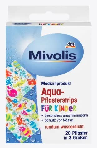 Plasters Pack of 20 (3 Assorted Sizes), Coloured First Aid Plasters for Children, Kids Plasters with Aqua Designs, Various Sized Strips