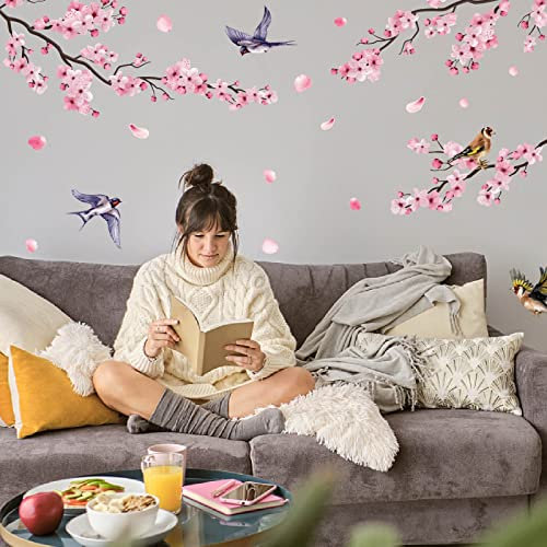 PLIGREAT 31 Stück Kirschblüten-Wandtattoo für Schlafzimmer, Vögel auf Baum Ast Wandaufkleber Rosa Blüten Aufkleber für Wohnzimmer, Fenster, Sofa Hintergrund Dekoration