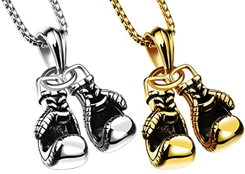 Weenkeey 2 Stück Boxhandschuh Halskette Paar Boxhandschuh Anhänger Halskette Gothic Punk Rock Hip Hop Anhänger Halskette für Männer Damen - Gold Silber