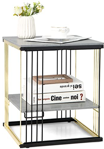 COSTWAY 2 Ebenen Beistelltisch Marmor Optik, Nachttisch mit Abnehmbarer Ablage, Sofatisch mit Metallrahmen, modern, 39 x 39 x 45cm