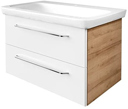 FACKELMANN Milano Badmöbel Set 2 Teile – Waschtisch mit Unterschrank fürs Bad – Waschbeckenunterschrank mit Schubladen in Weiß mit Holz braun – Badschrank hängend – 90 cm breit