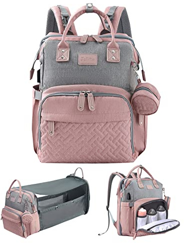 JOLLITO Sac à dos à langer pour bébé avec station à langer, grande capacité, sangles de poussette et port de charge USB, bébé, rose, Large, Classique