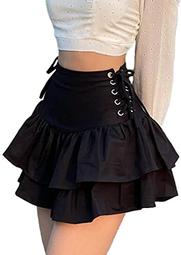 XKBHYD Mini jupe plissée à volants pour femme Noir Taille haute Gothique Punk Jupe d'été, 7 Noir, Taille M