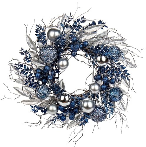 Briful 16 Christmas Wreath Blue Door Wreath Handcrafted with Artificial Eucalyptus Berries Ornaments for Farmhouse Holiday Thanksgiving Christmas Decoration