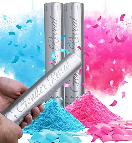 Santiago Design | Gender Reveal Confetti Cannon Set of 2-100% Biodegradable Confetti Fabric & Safe Powder Smoke - Baby Boy Girl Gender Reveal Party Supplies (1 Blau & 1 Rosa)