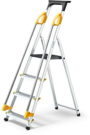 Escabeau 4 marches DURAMP sécurisé avec rampes, tablette porte-outils, marchepied pliable aluminium, hauteur plateforme 75cm, garantie 5 ans Hoström