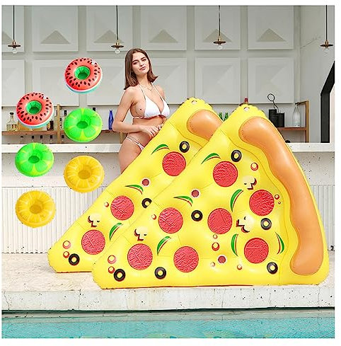 JUNZAI WasserhäNgematte, Pizza Luftmatratze Pool, Mit 3/6 GeträNkehaltern Riesige Aufblasbare Pizza Pool Schwimmen FüR Erwachsene Im Beach Pool,2PCS