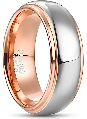 NUNCAD 4mm/6mm/8mm Uomo Oro Argento Tungsteno Bicolore Oro Rosa Anelli di Coppia a Cupola con Bordi a Scalino Taglia 11.75-29.75