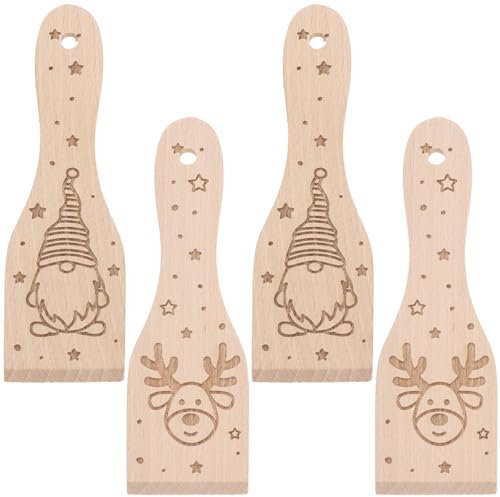 Spruchreif | 4-teiliges Set: Holzschaber mit Gravur Weihnachten | Raclettespachtel mit Wichtel und Rentier | Raclette-Spachtel 4-er Set mit Weihnachtsmotive | Racletteschaber Holz Weihnachten