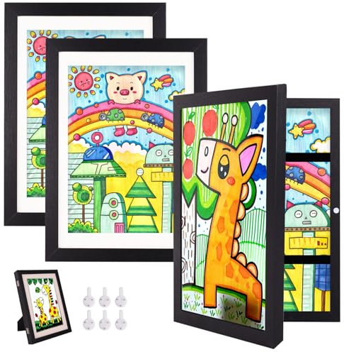 Hipsignal Kinder Bilderrahmen, 3 Stück A4 Befüllba Bilderrahmen für Kinder mit Frontöffnung zum Aufhängen oder Aufstellen von Kinderzeichnungen (Schwarz)