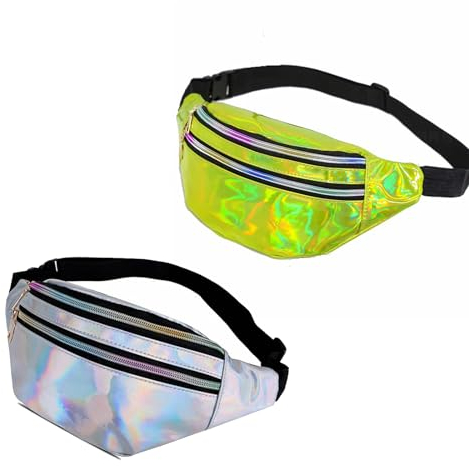 Kirgizta 2 Stück Bauchtasche Kinder Mädchen Verstellbarer Reflektierender Bauchtasche Mode 80er Jahre Damen wasserdichte PU Leder Gürteltasche Damen Holografisch mit 2 Fächer,für Sport Reise Wandern