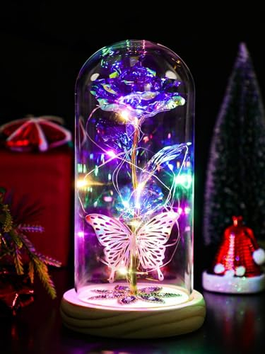 Jazlyvex Birthday Gifts for Women, Galaxy Glass Rose Flower Forever Eternal Crystal Light Up Rose in Glass Dome, Valentines Day Gifts for Her,Gifts for Women