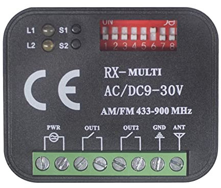 NERTOEE Receptor de control remoto universal para puerta de garaje, 2 canales, interruptor controlador para transmisor RX multifrecuencia 433-900 MHz, color negro